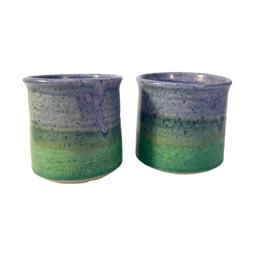 2 Purple Green Speckle Ombré Art Pottery Coffee Cups Mugs Signed Martha 1988 - Picture 9 of 14